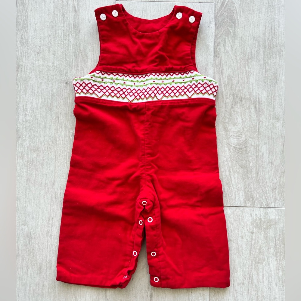 Pleats and Stitches Red Christmas Courdory Overalls 9m